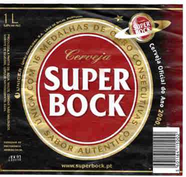 Das Haupt-Etikett der besten Alternative zum Sagres-Bier - dem Super Bock.
Allein wegen seines Namens nicht zuletzt bei mnnlichen Trinkern gerne konsumiert.
Auch die Web-Adresse der Brauerei  www.superbock.pt  ist nach unserer Meinung unerreicht.