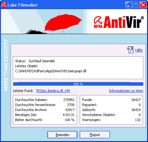 36.000 gefundene Viren-Infektionen auf einem Windows-XP-Notebook