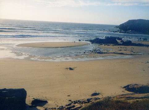 Unser Lieblingsstrand bei Carrapateira bei Ebbe am spten Nachmittag:
Das Wasser hat sich 150 m zurckgezogen und man mu 200-300 m in den Atlantik hinauslaufen, bis man wieder normal schwimmen kann.